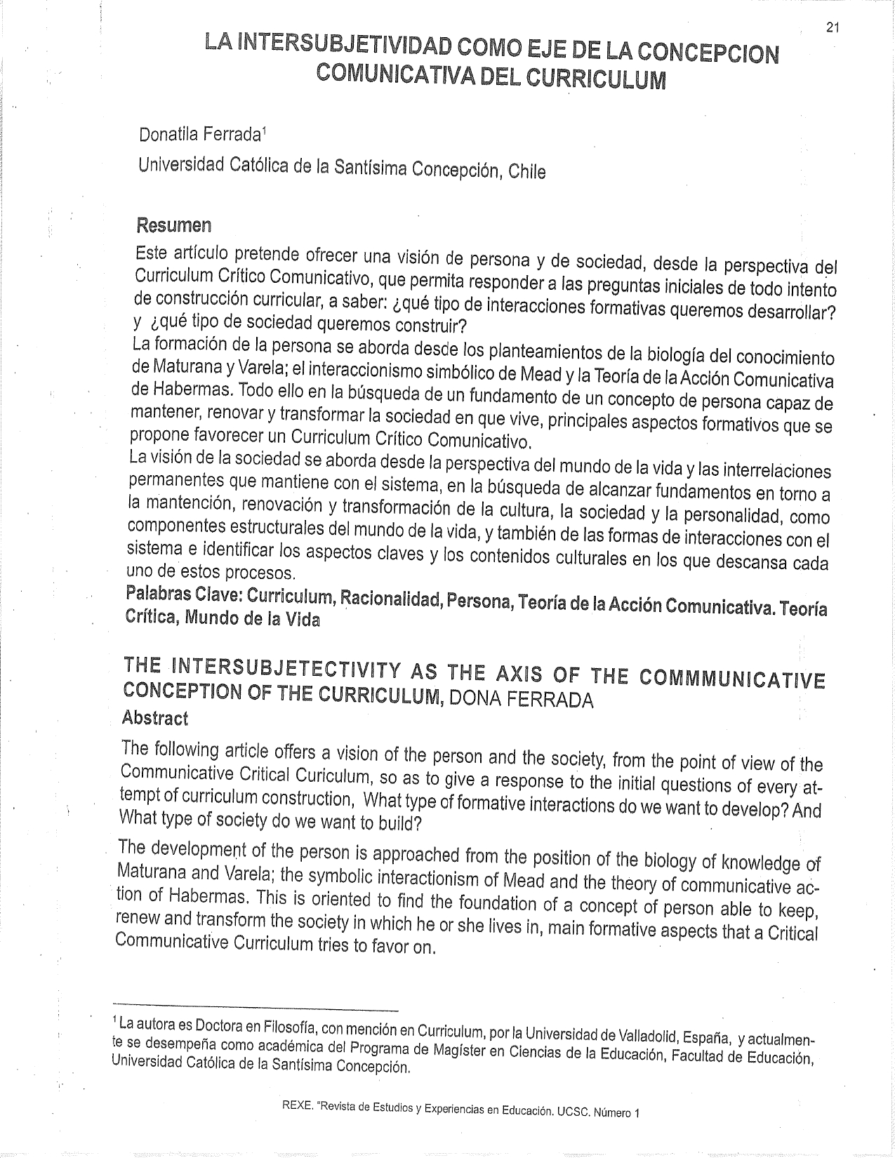 Primera página artículo "La intersubjetividad como eje de la concepción comunicativa del currículum"
