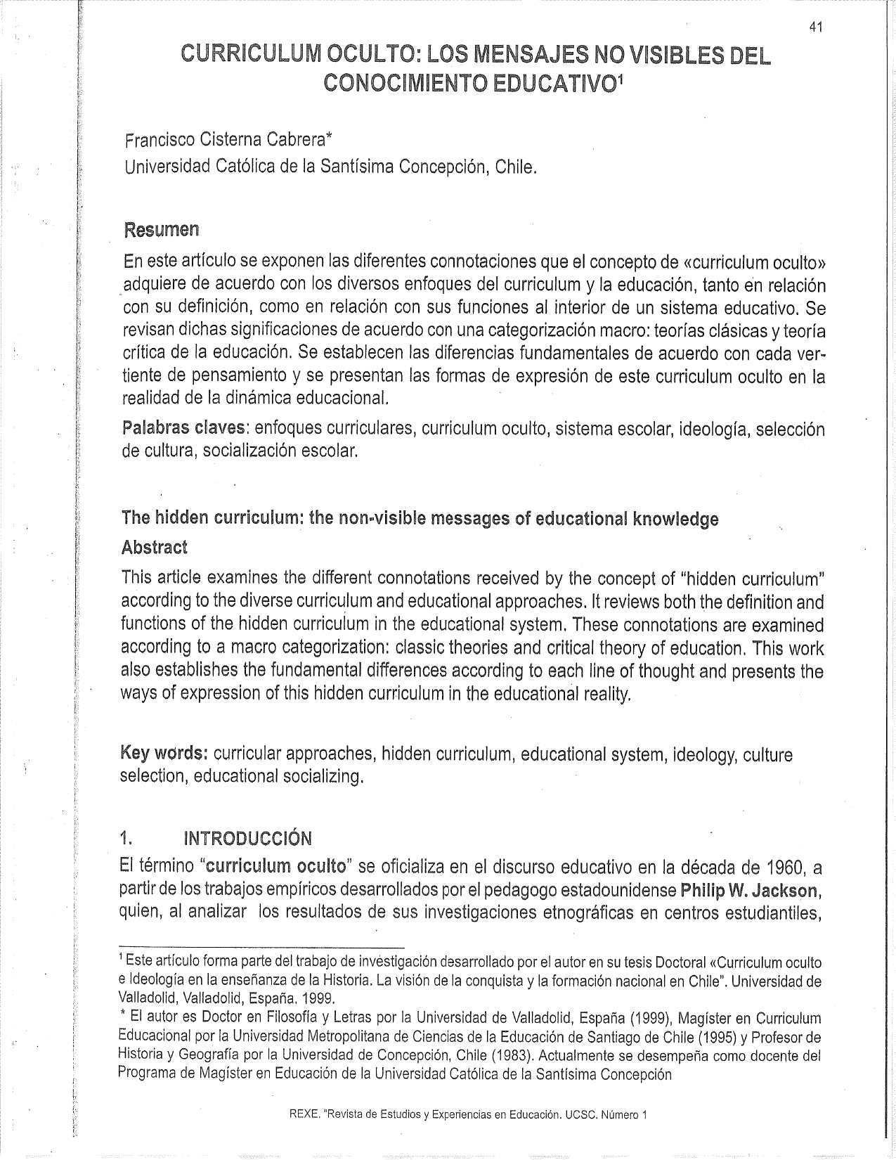 Primera página artículo "Currículum oculto: los mensajes no visibles del conocimiento educativo"
